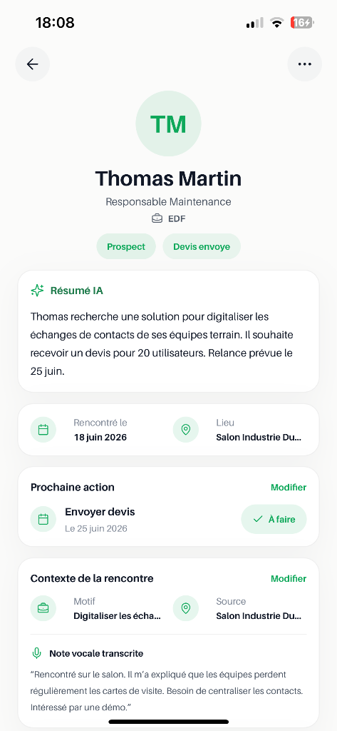 Fiche contact avec résumé IA