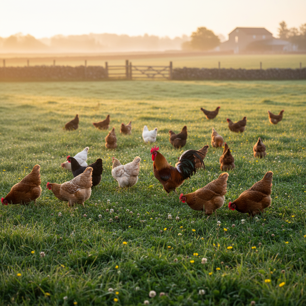 Hens roaming open green pasture