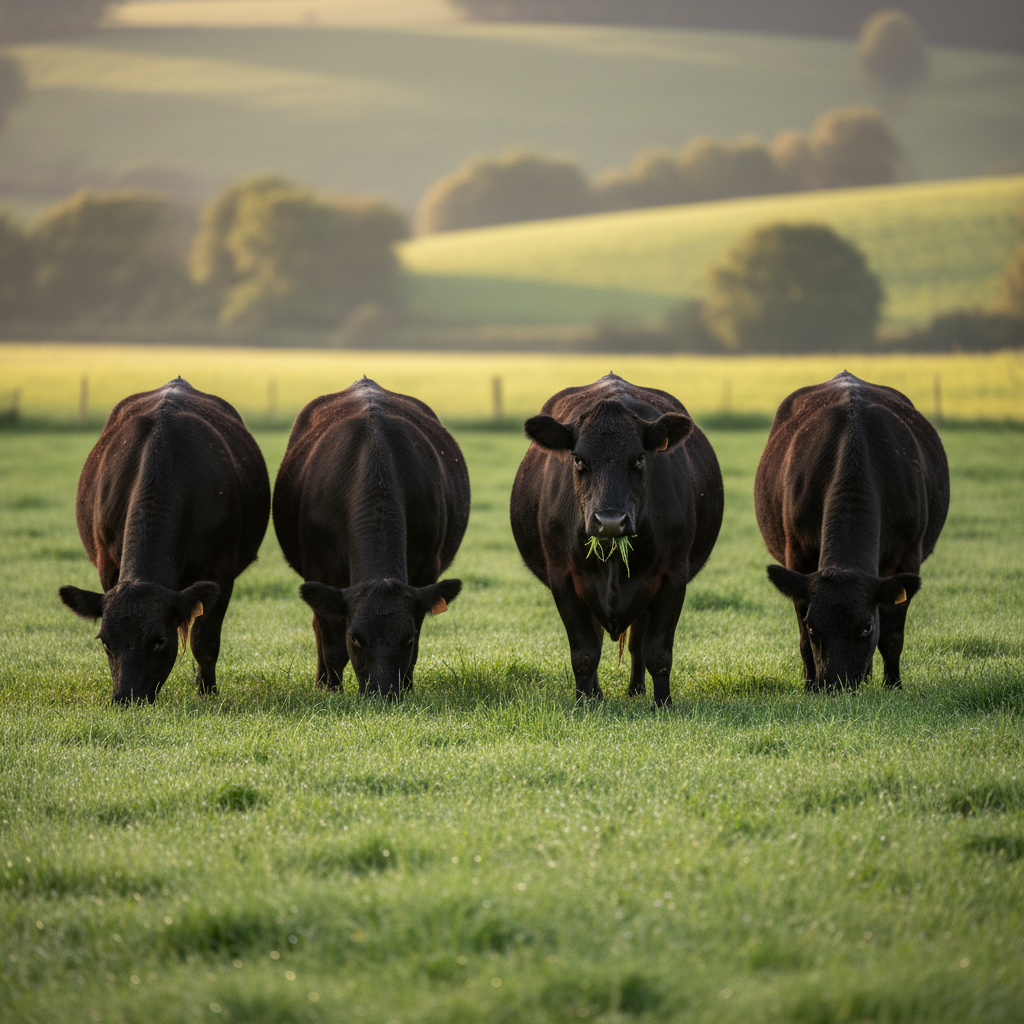 Black Angus cows eating grass on open field