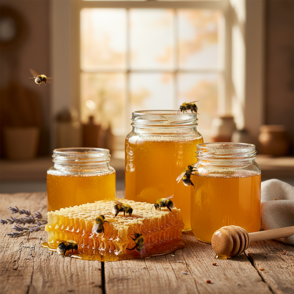 Raw honey in glass jars with honeycomb