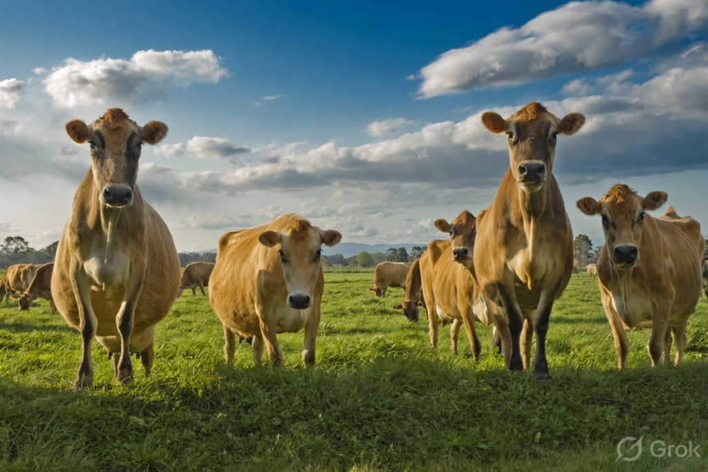 A2 Jersey cows looking at camera on open Australian pasture