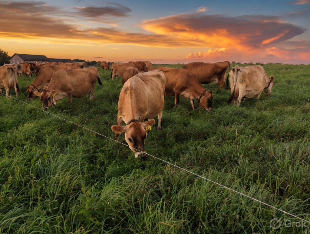 A2 Jersey cows grazing on lush open pasture at golden sunset