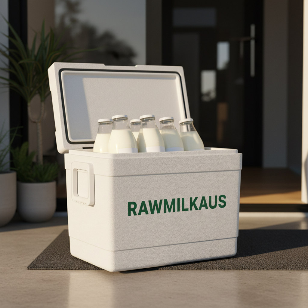 RAWMILKAUS insulated cooler box with glass milk bottles on doorstep