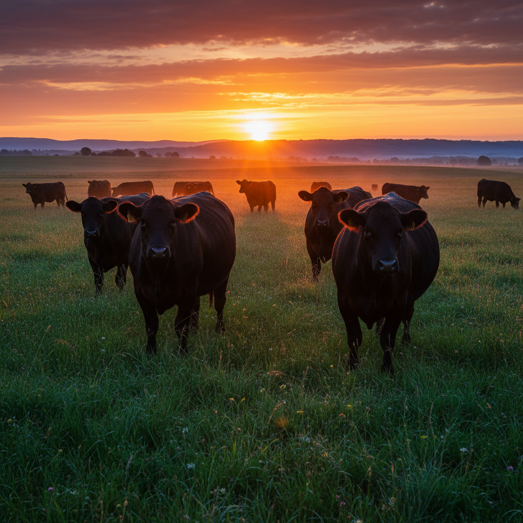Black Angus herd at sunset on Australian pasture