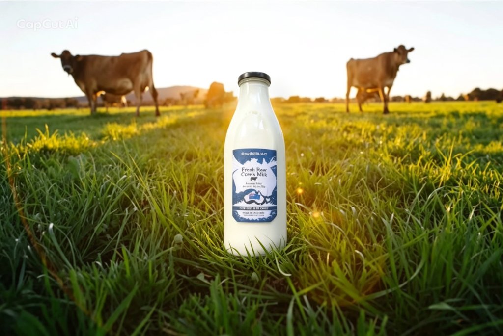 RawMilkAUS glass bottle on pasture with Jersey cows at golden hour