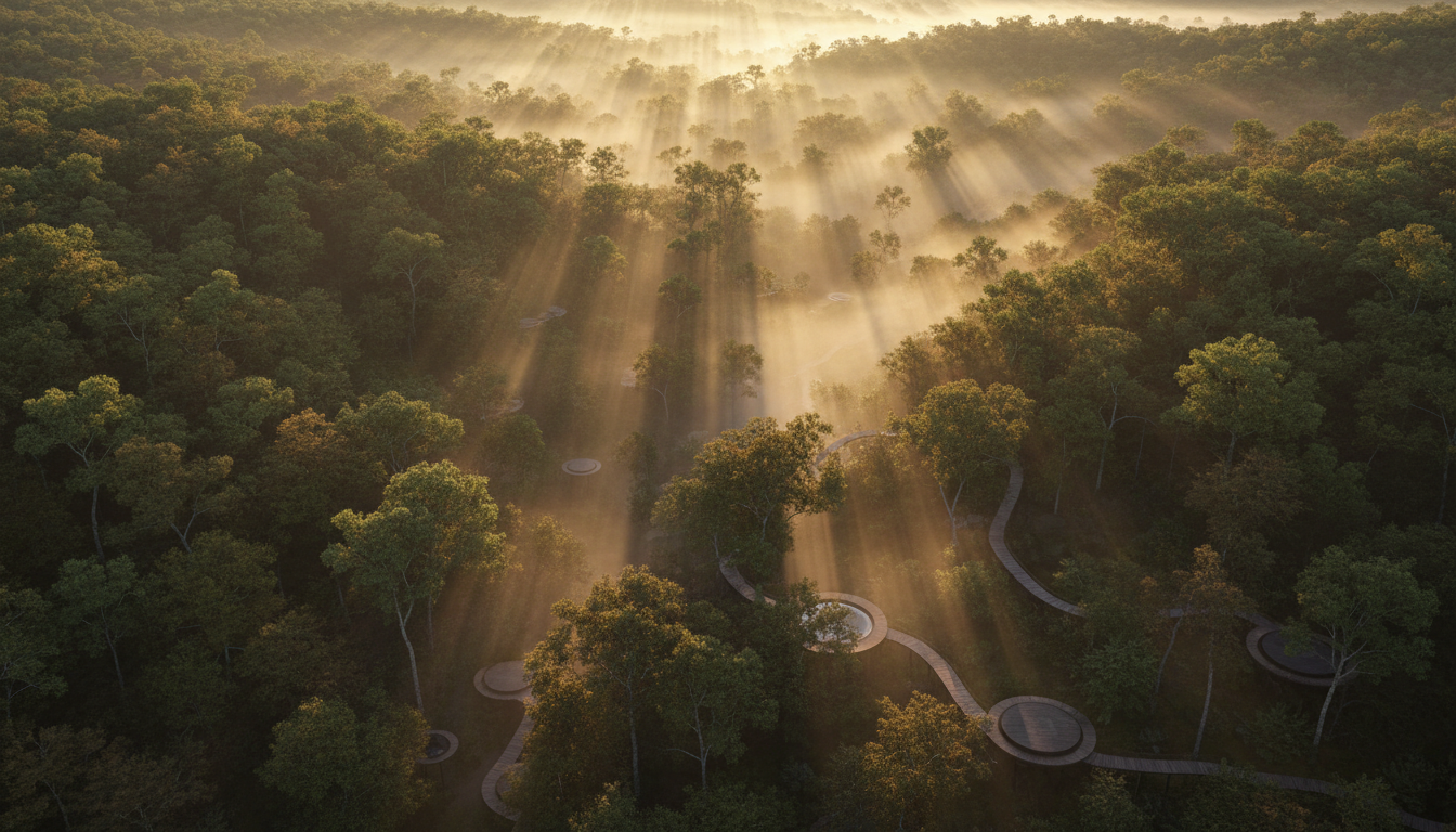 Misty forest at golden hour