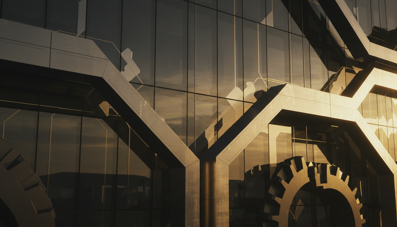 Glass and steel architectural structure with dramatic lighting