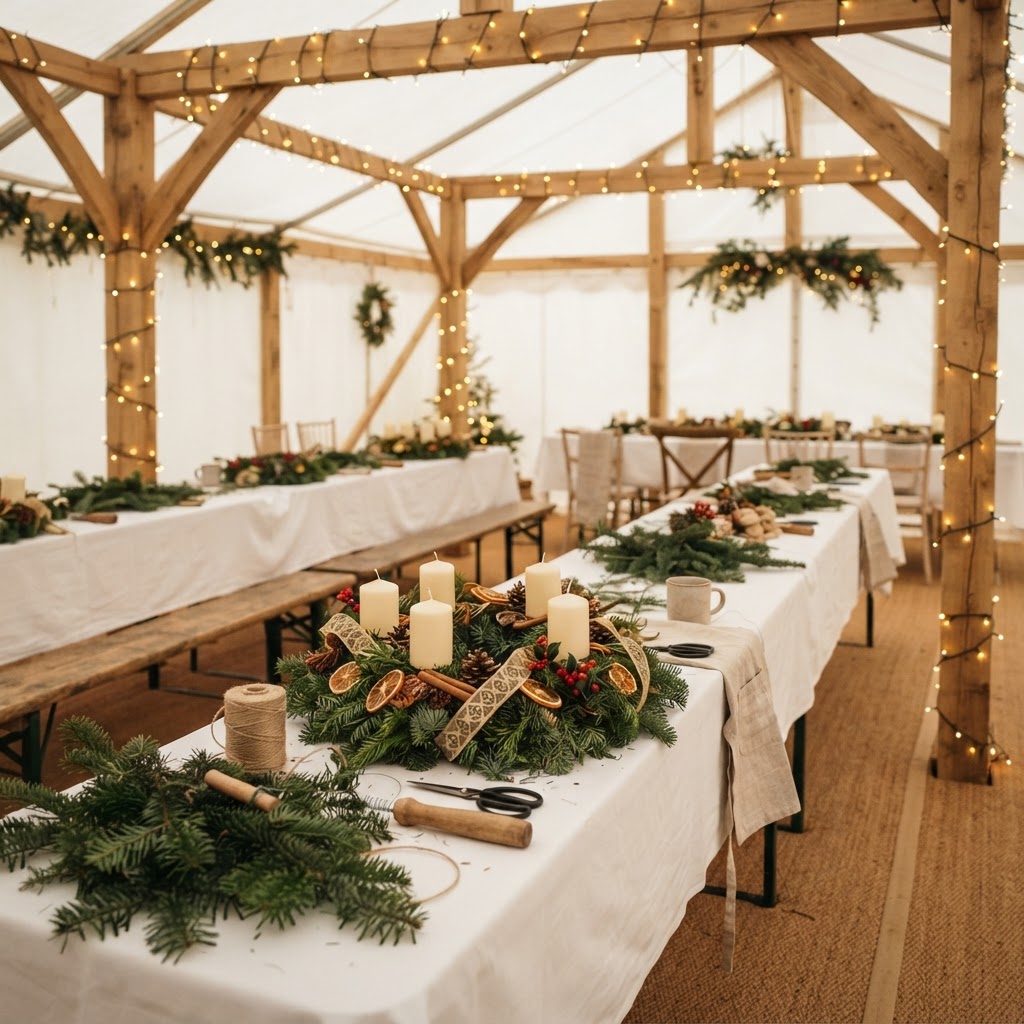 Adventskranz binden im Zelt