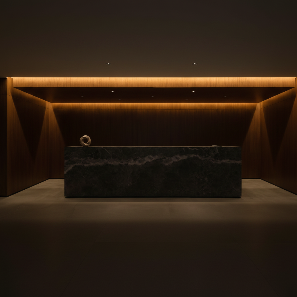 Recepción boutique legal INVLEGAL con mármol oscuro e iluminación cálida