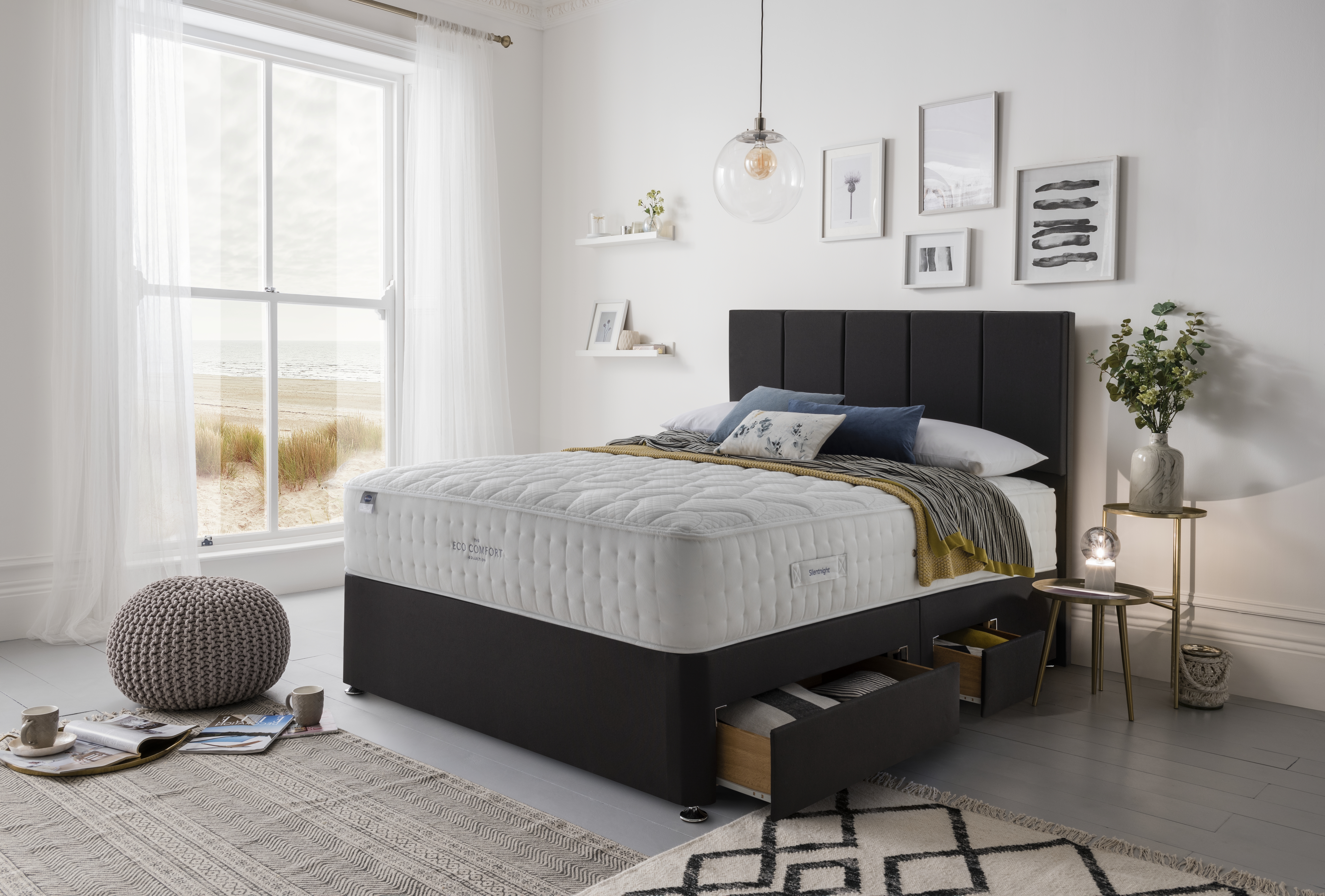 Luxurious modern bedroom with plush carpet and elegant furniture