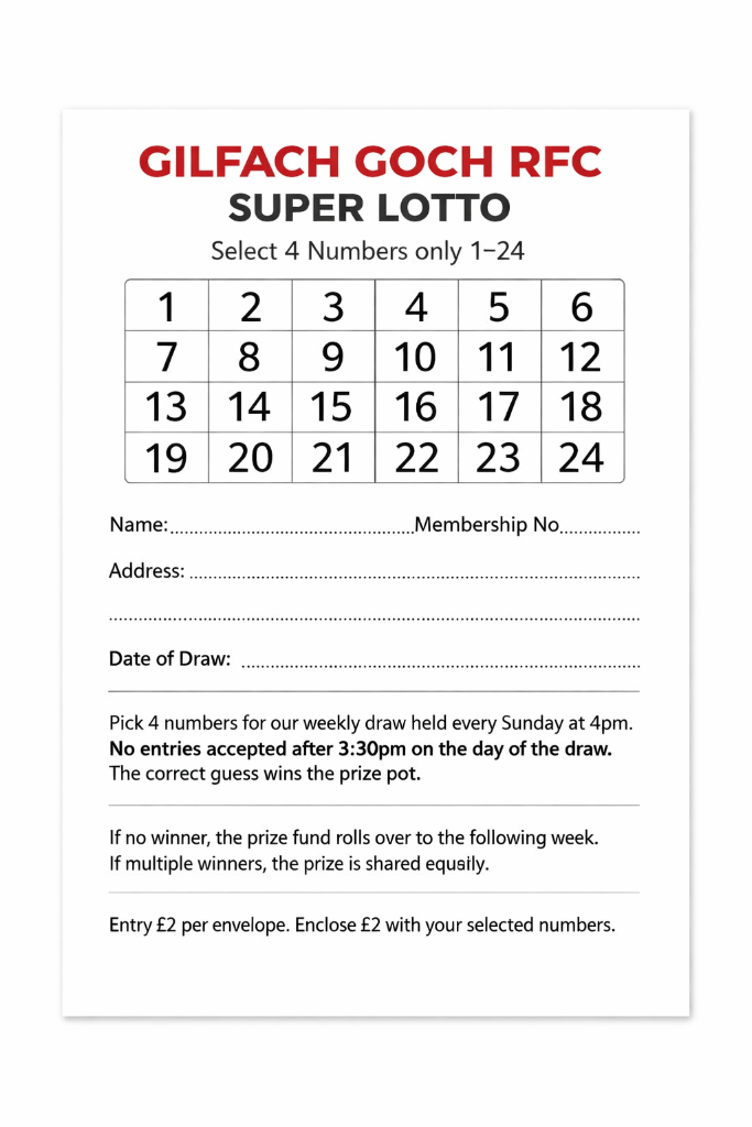 Gilfach Goch RFC Super Lotto Card