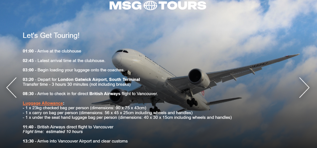 MSG Tours - departure details