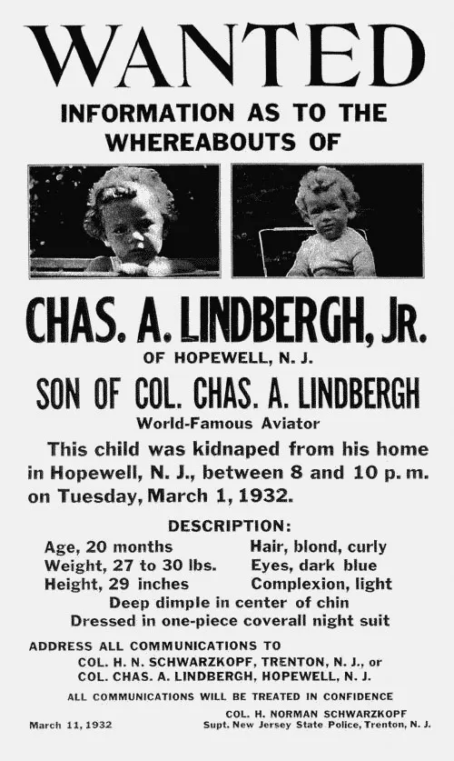 WANTED: Information as to the Whereabouts of Chas. A. Lindbergh, Jr. — Original 1932 Poster