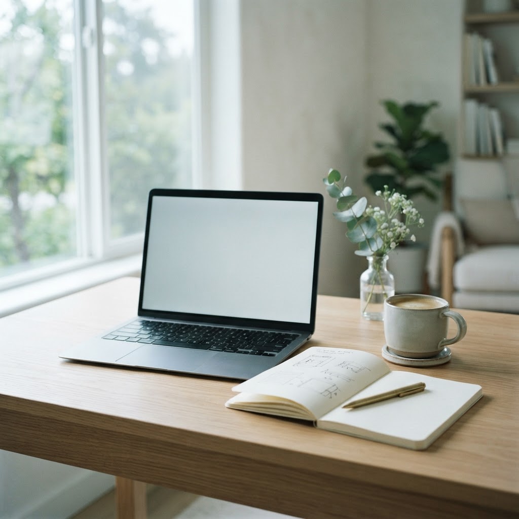 A tidy professional workspace with a laptop and notebook