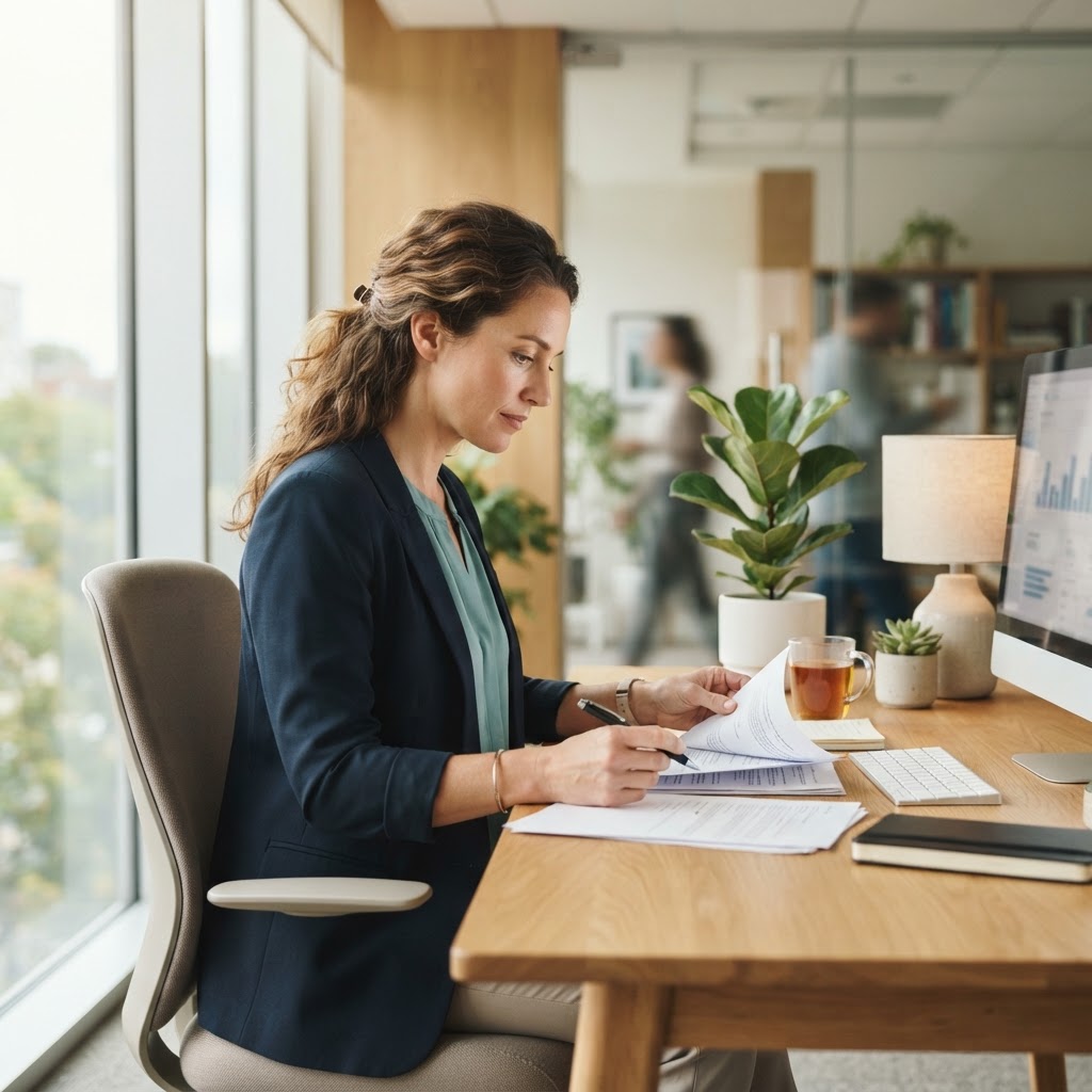 A healthcare administrator reviewing paperwork in a bright modern office