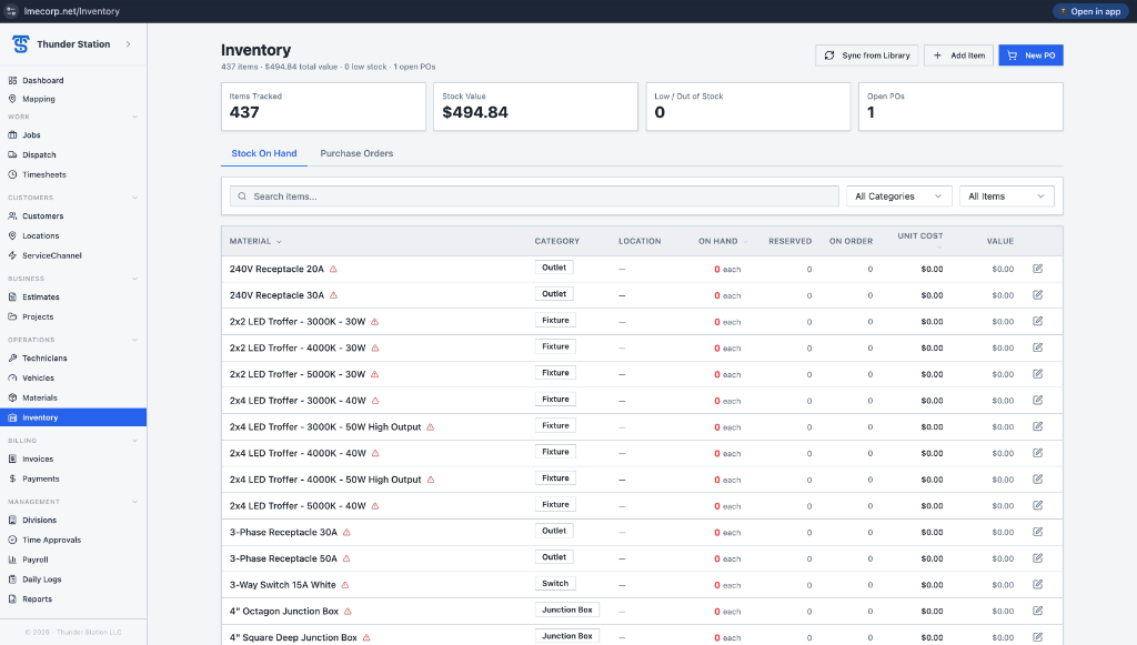 Inventory — Stock on hand and open POs