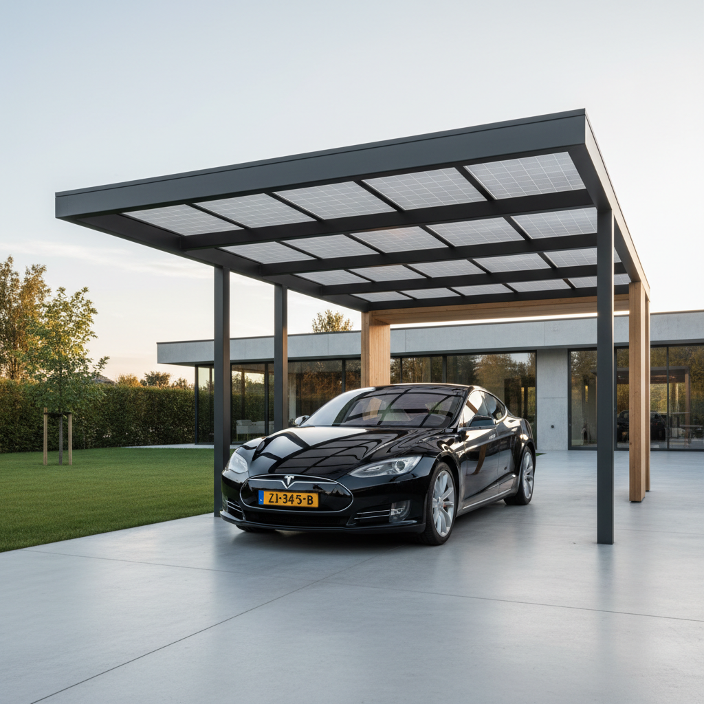 AI gegenereerde carport met gele kenteken