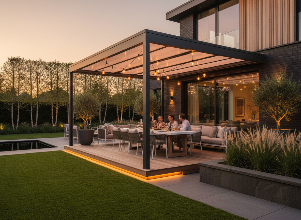 Familie geniet van overkapping met zonnepanelen