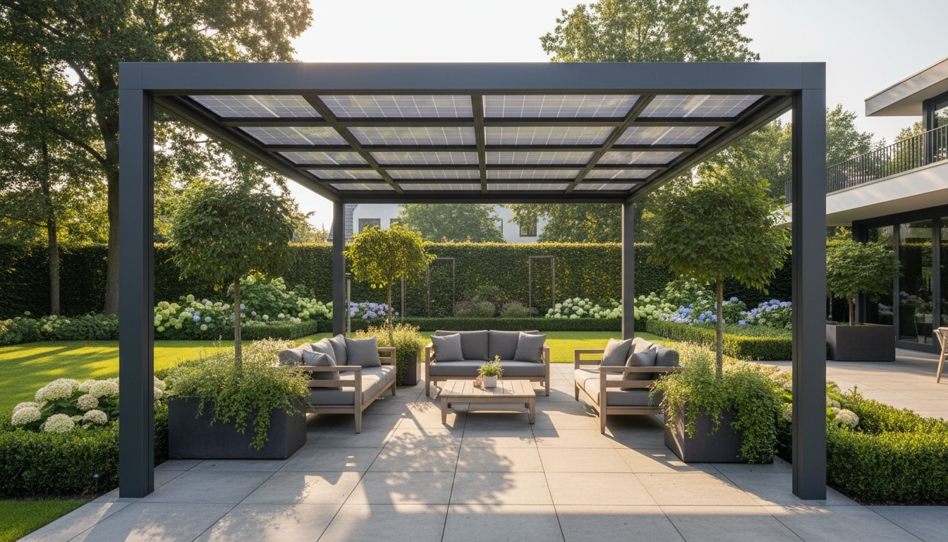 Premium overkapping met semi-transparante zonnepanelen in een moderne tuin