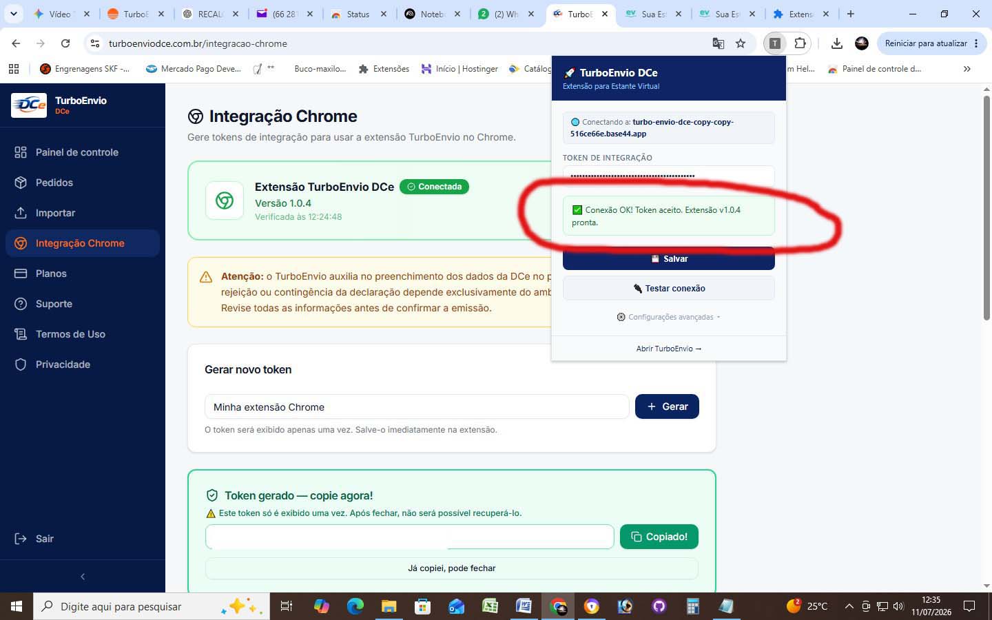 Pop-up da extensão TurboEnvio DCe confirmando a conexão com a mensagem Conexão OK
