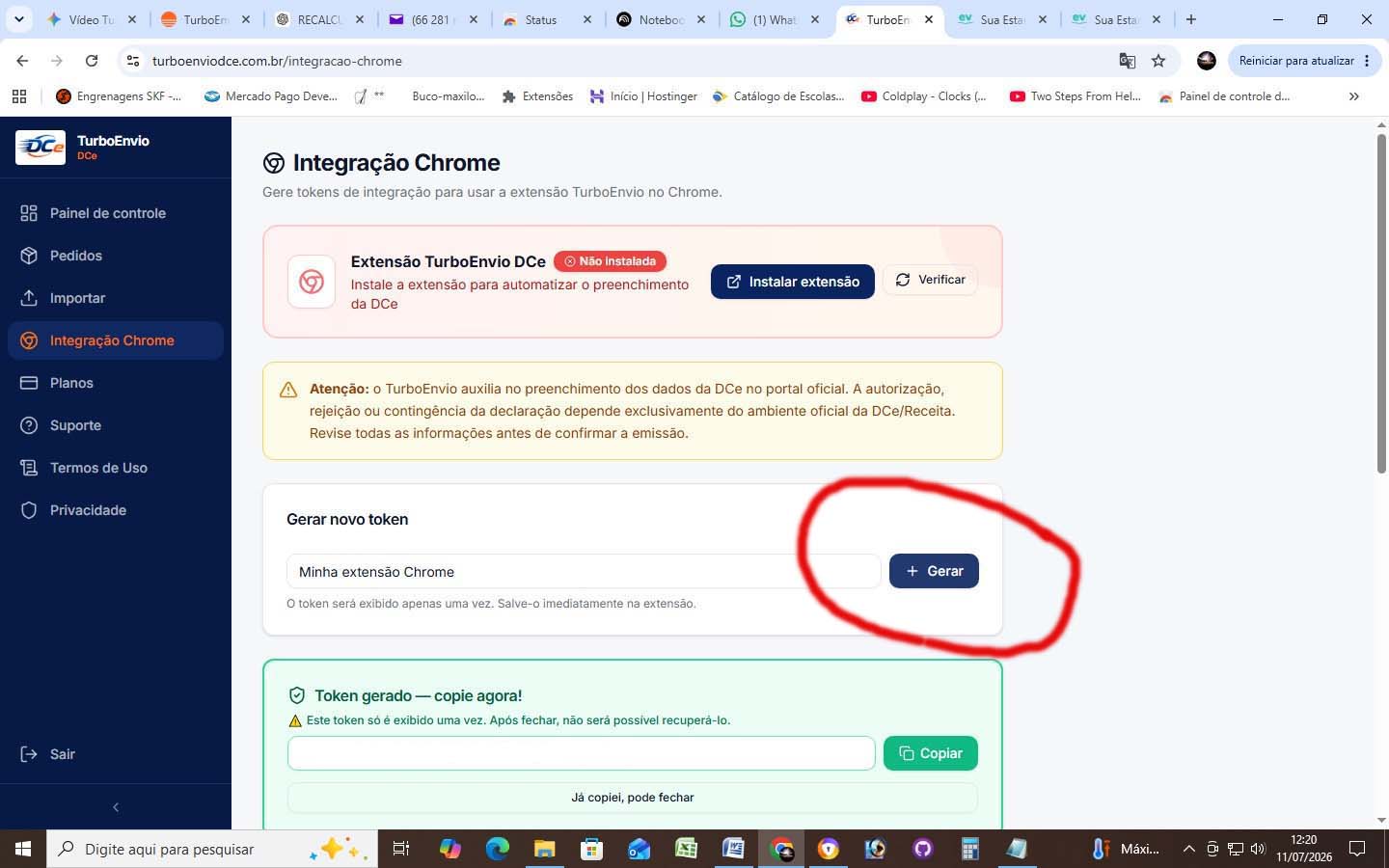 Painel de Integração Chrome no TurboEnvio com botão para gerar novo token