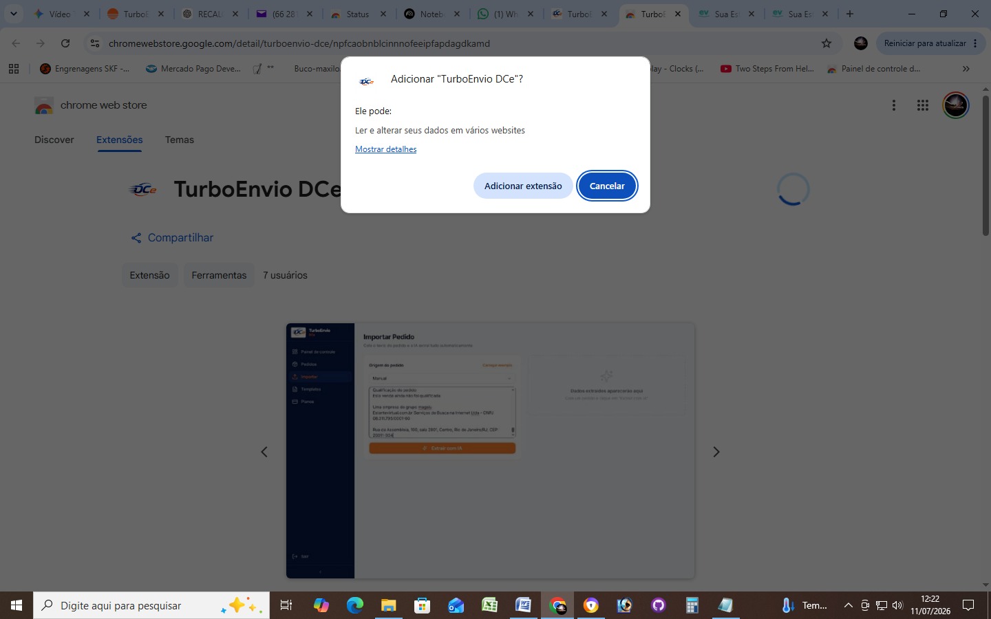 Pop-up do navegador Chrome solicitando confirmação para adicionar a extensão TurboEnvio DCe