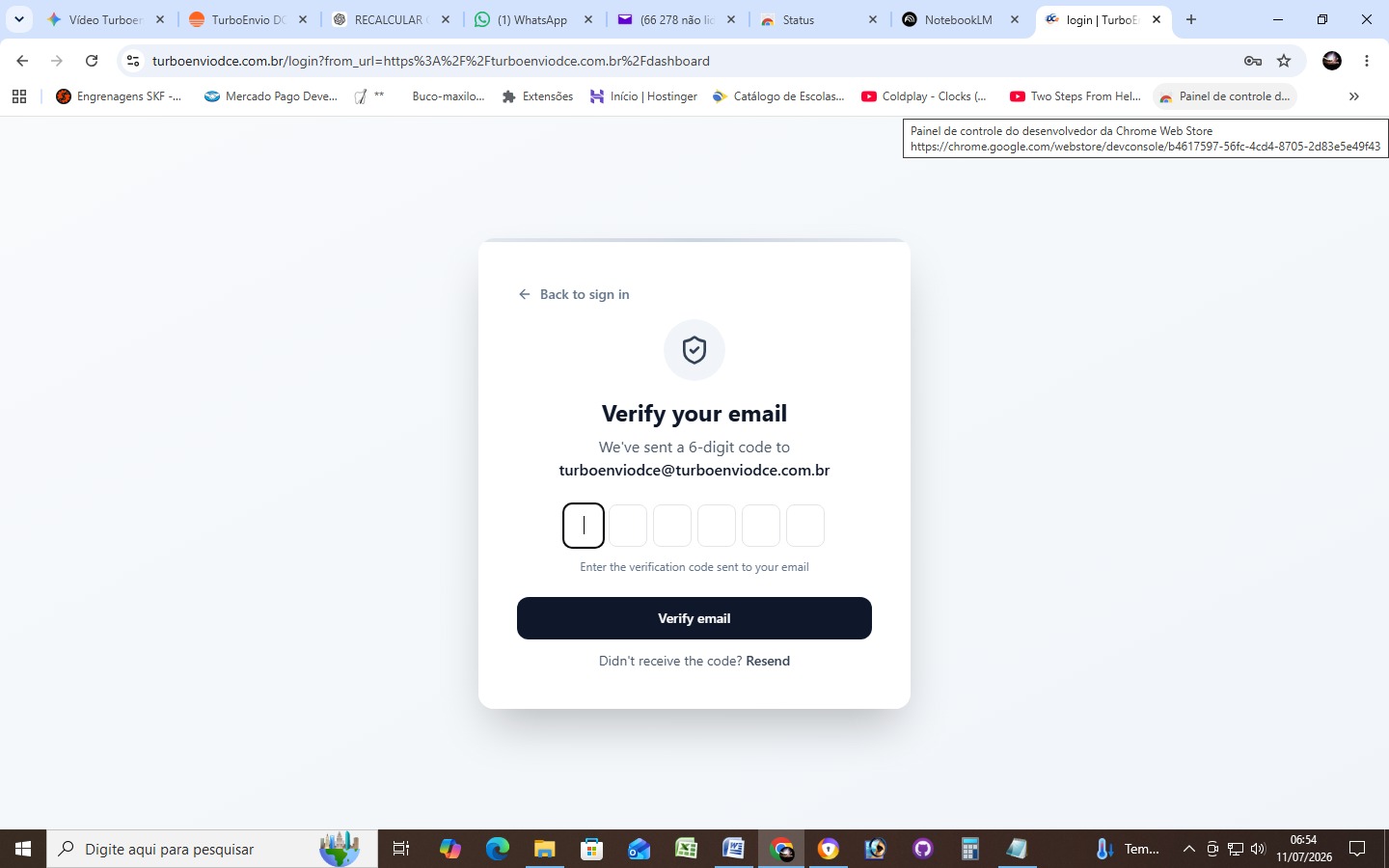 Verificação de e-mail da conta do TurboEnvio DCe