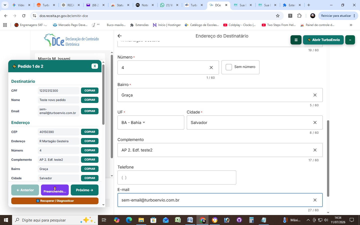 Portal oficial da DCe com os campos de endereço preenchidos com o auxílio da extensão TurboEnvio