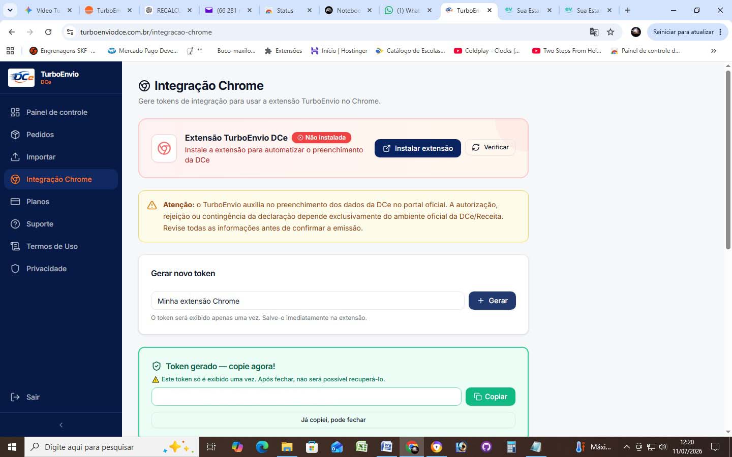 Painel de Integração Chrome no TurboEnvio com botão para instalar a extensão