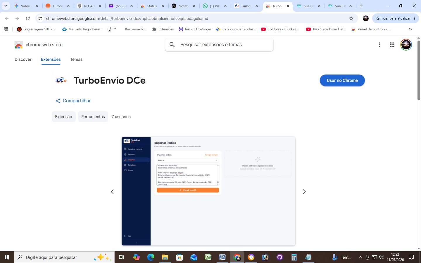 Página da extensão TurboEnvio DCe na Chrome Web Store com botão Usar no Chrome