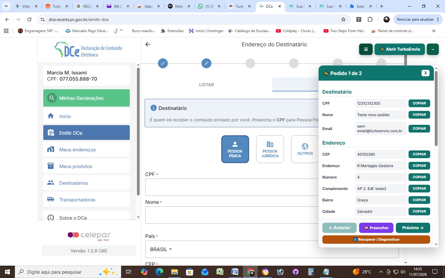 Portal oficial da DCe com o painel da extensão TurboEnvio aberto, exibindo os dados do pedido para auxiliar o preenchimento