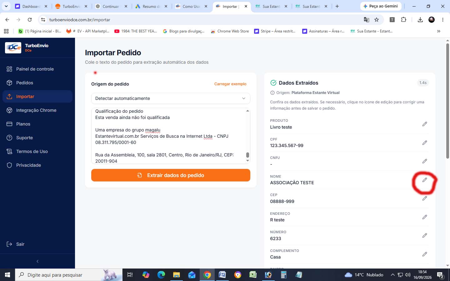 Tela de revisão de dados do pedido no TurboEnvio com ícone de edição destacado