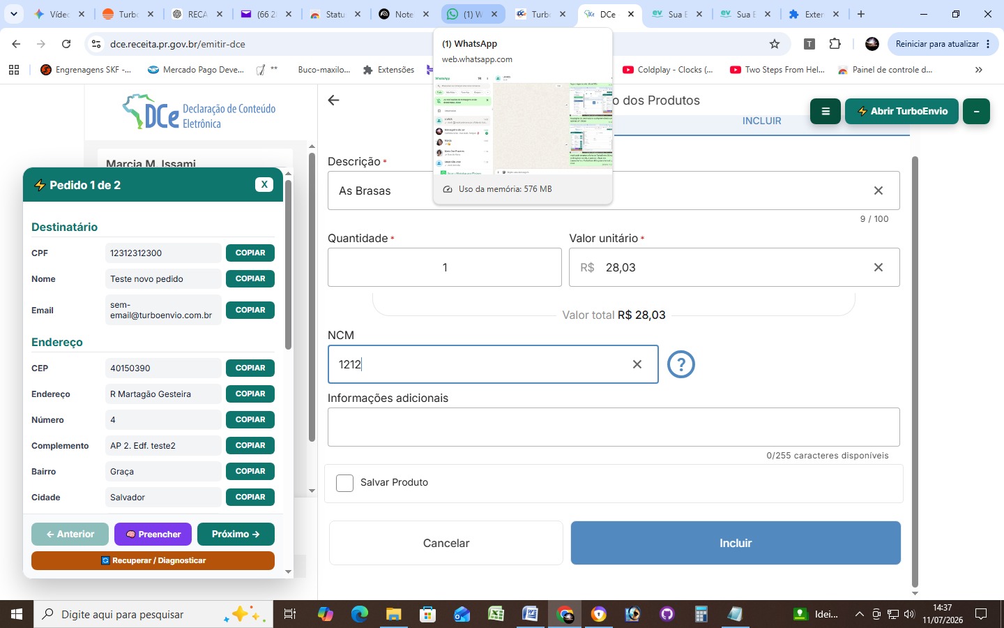 Portal oficial da DCe na seção de produtos com o painel da extensão TurboEnvio exibindo os dados dos itens
