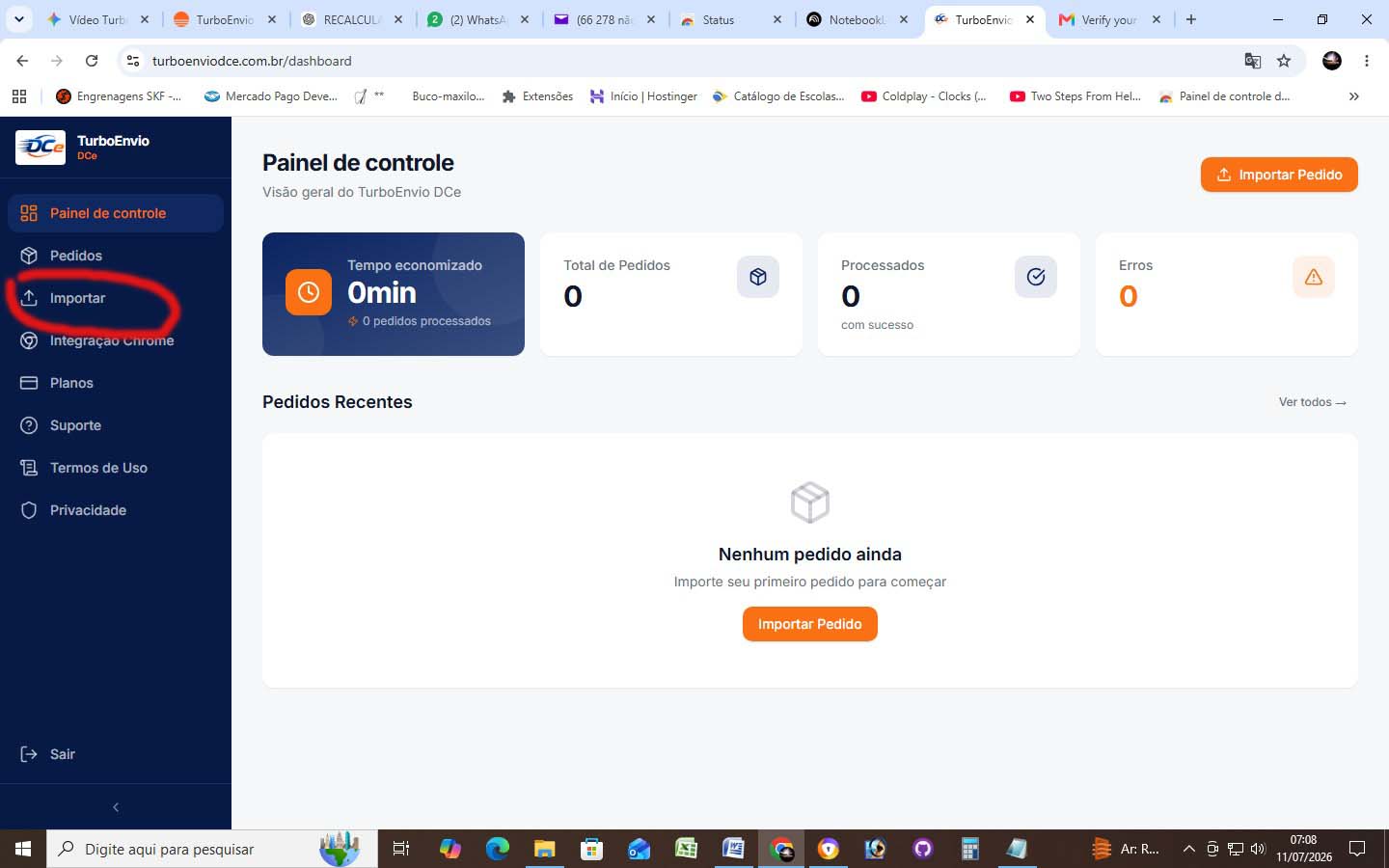 Painel de controle do TurboEnvio sem pedidos importados e botão para importar pedido