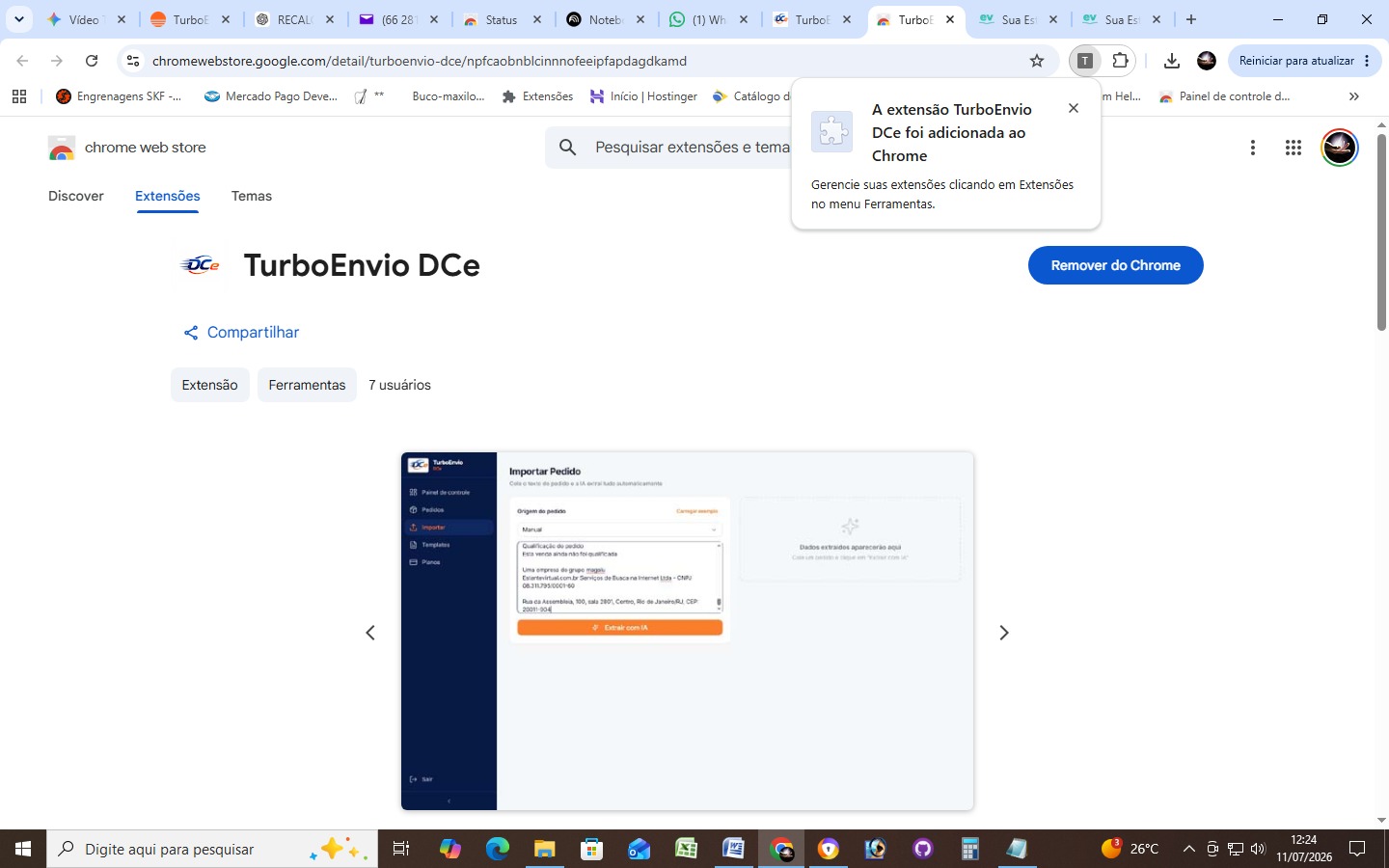 Notificação do Chrome confirmando que a extensão TurboEnvio DCe foi instalada