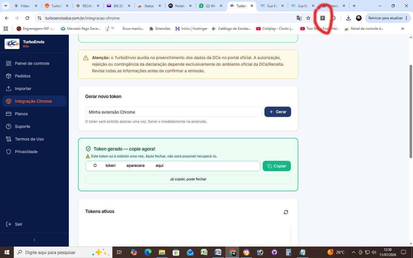 Pop-up da extensão TurboEnvio DCe aberto para iniciar a conexão