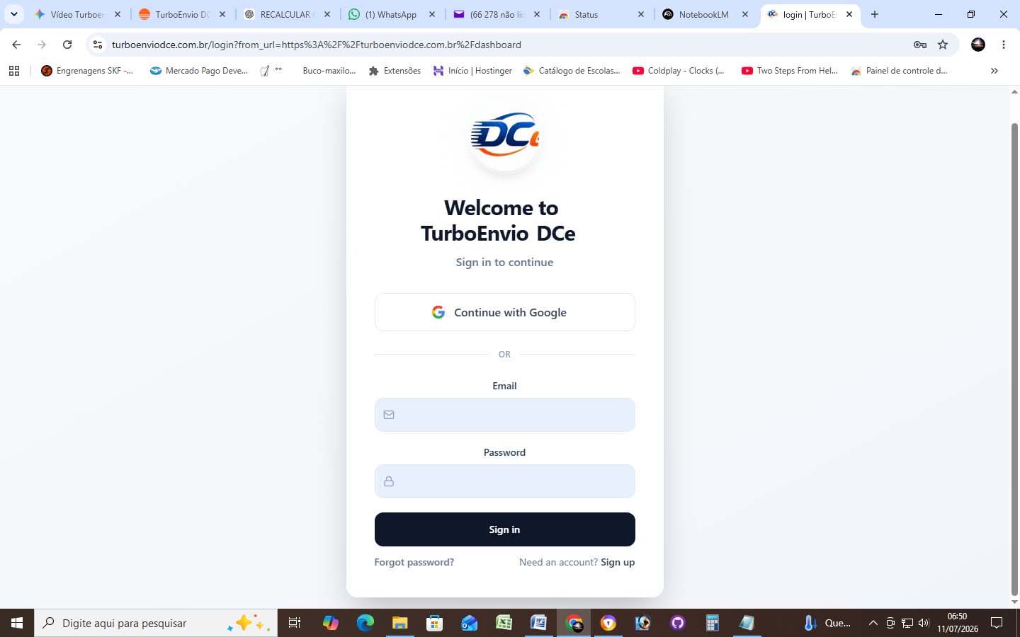 Tela de login do TurboEnvio DCe com opção de criar conta
