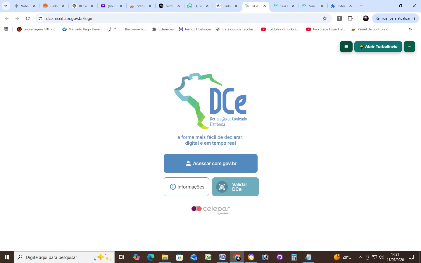Tela de login do portal oficial da DCe aberta no navegador