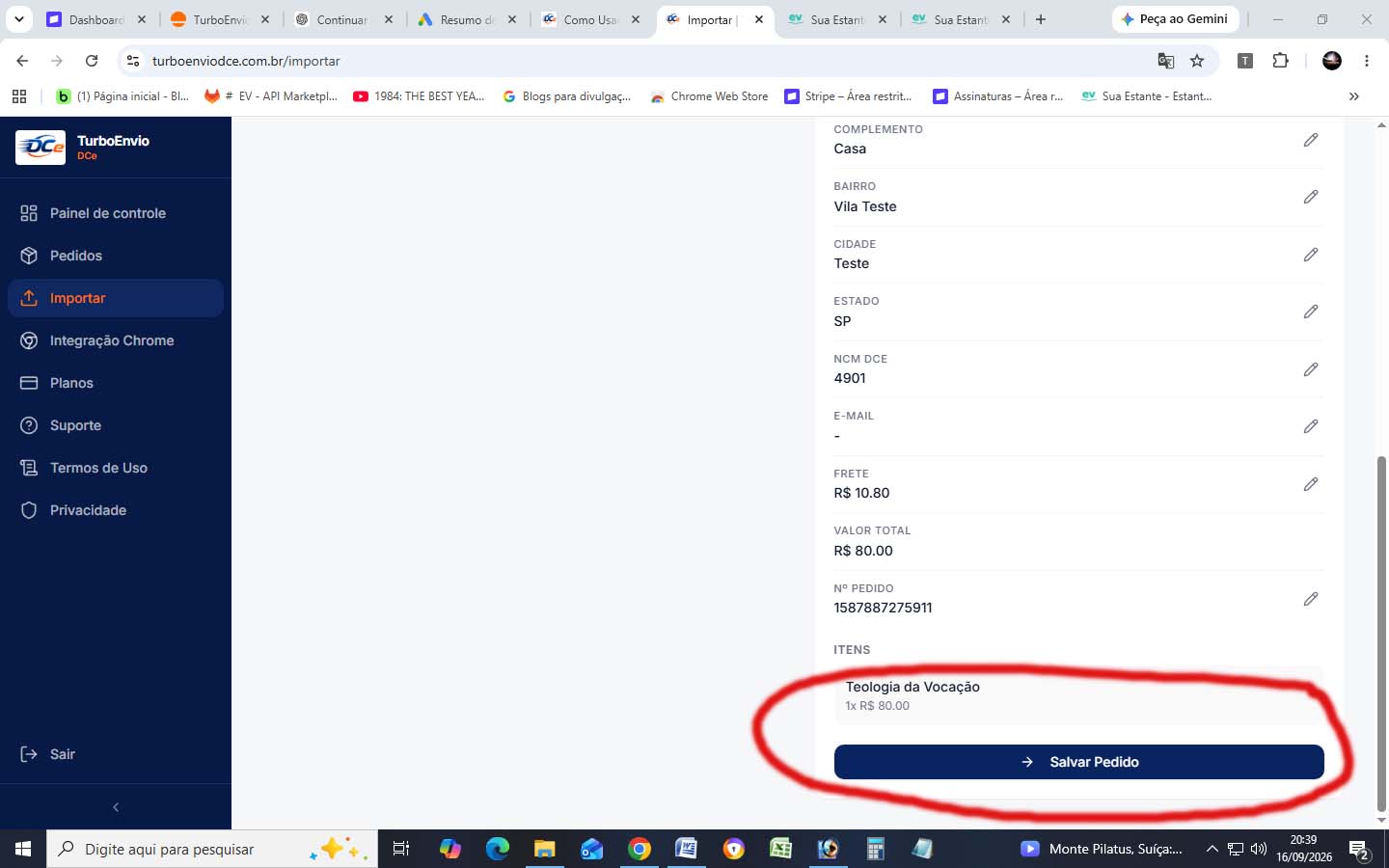 Tela de revisão de dados do pedido no TurboEnvio com botão Salvar Pedido destacado