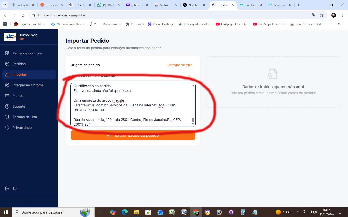 Tela de importação de pedidos do TurboEnvio com campo para colar os dados