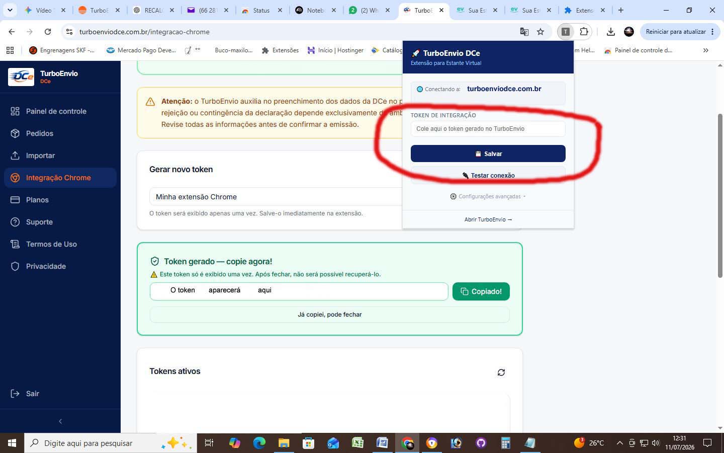 Pop-up da extensão TurboEnvio DCe com token inserido e botão Salvar