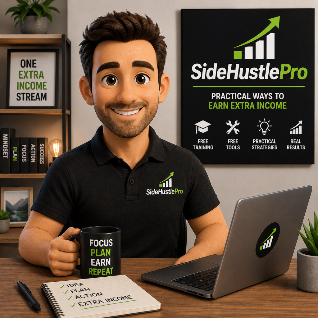 SideHustlePro character at desk with plan, focus, and action checklist