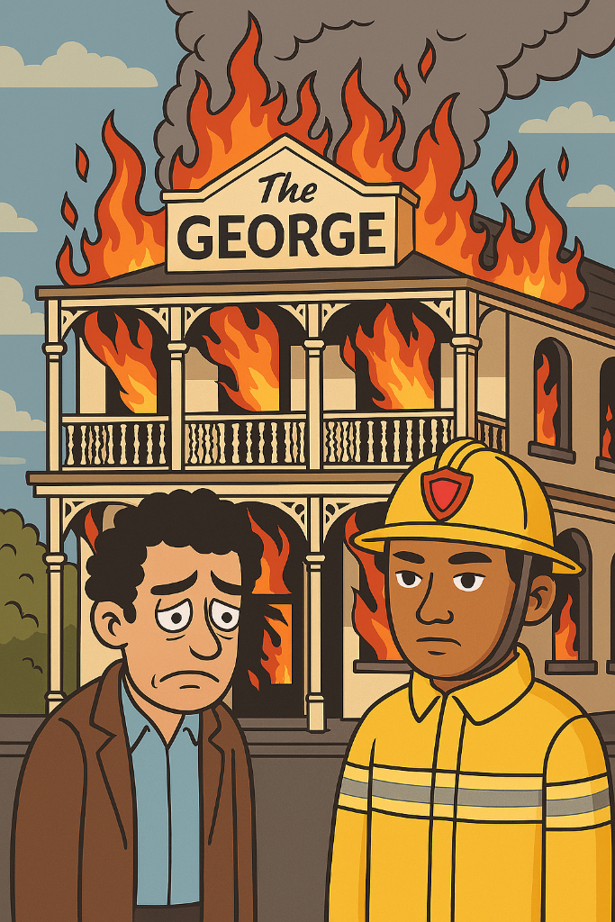 The George Hotel on fire