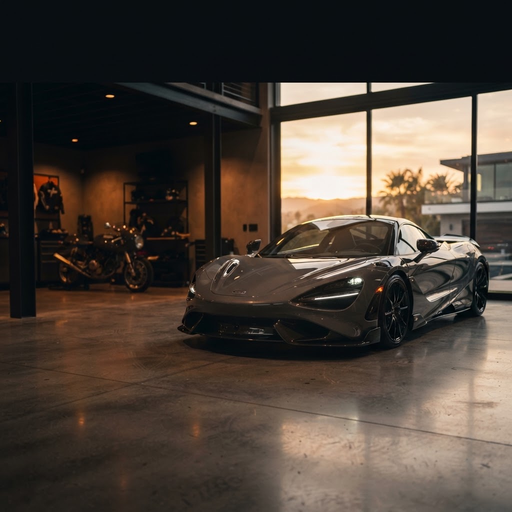 Sleek sports car in a modern garage at golden hour
