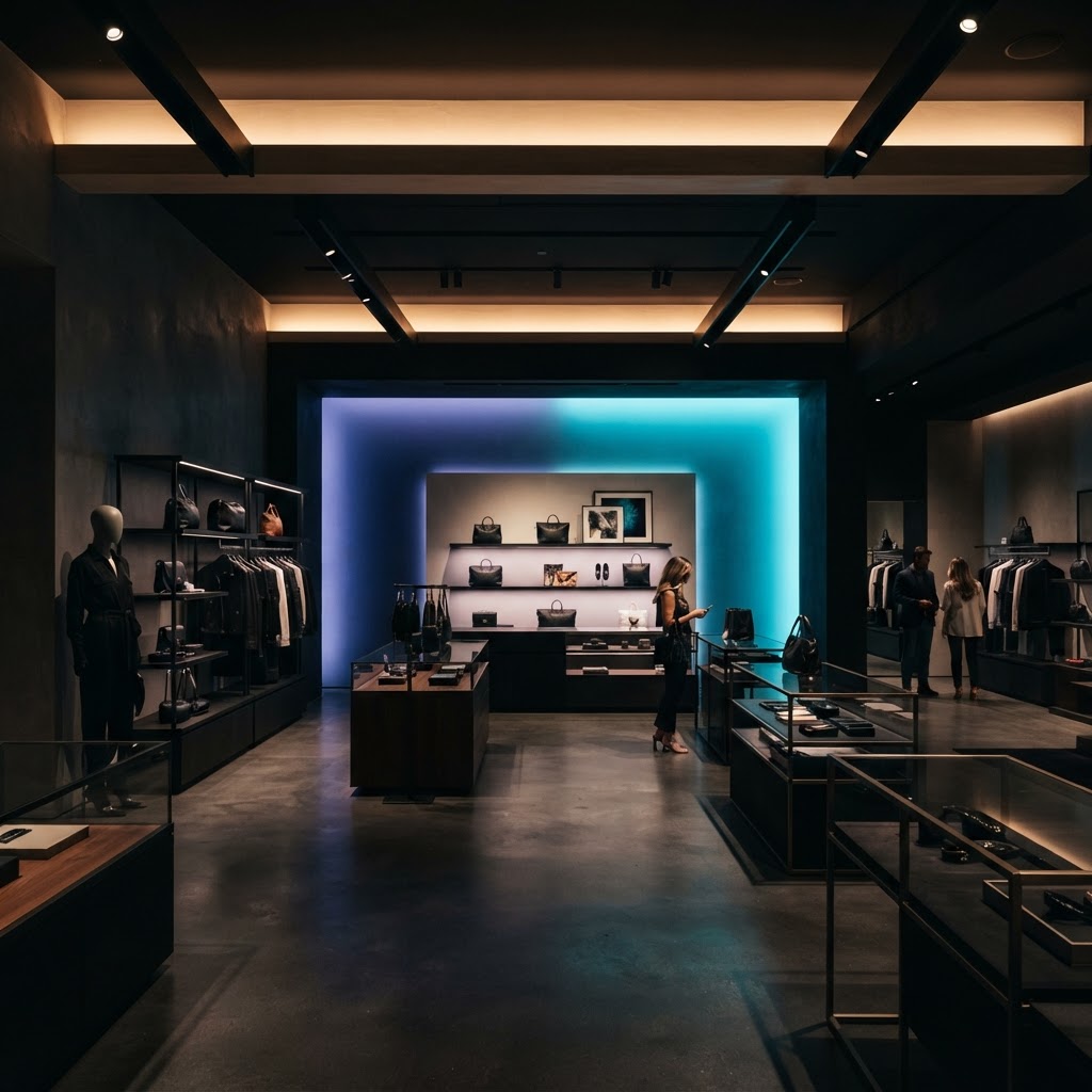 Commercial architectural lighting installation — layered linear LED cove lighting in a high-end retail showroom
