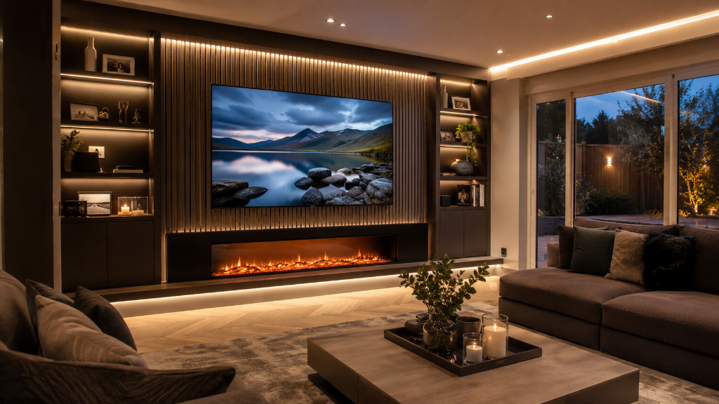 Luxury residential media wall with TV, fireplace, shelving and LED lighting