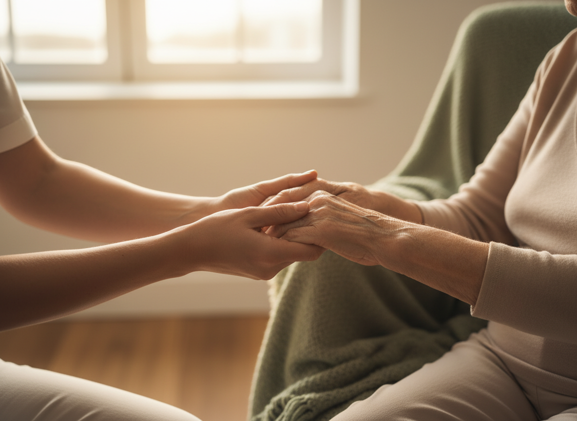 Caregiver holding hands with elderly person in warm light