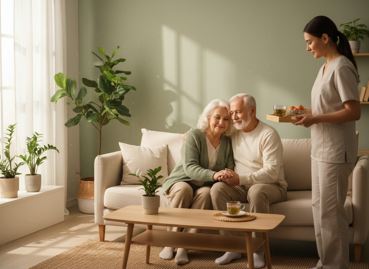 Elderly couple in comfortable living room with caregiver
