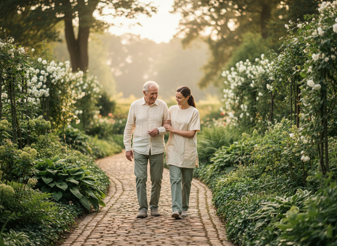 Caregiver walking with elderly person in a garden