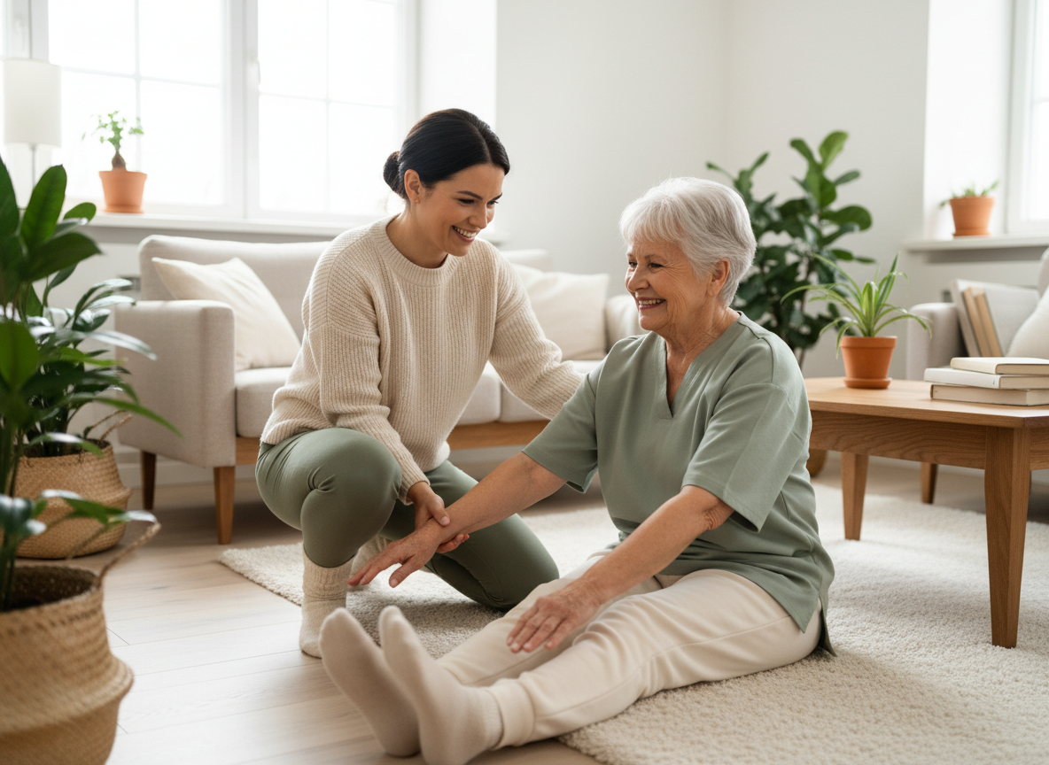 Caregiver helping with gentle exercises in bright living room